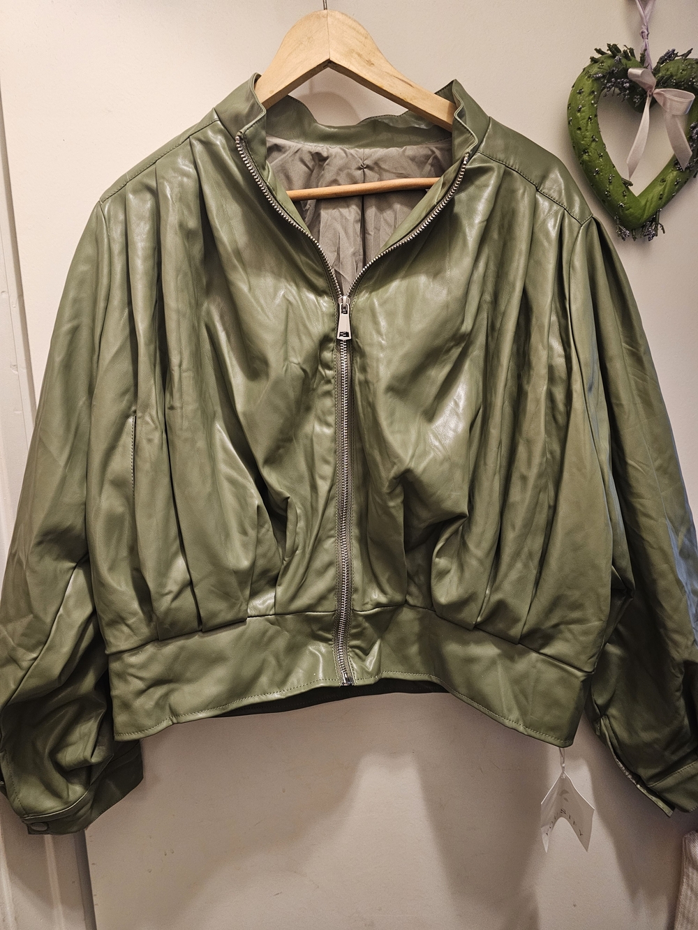 NWT YOUSIFY Olive Green Faux Leather Bomber Jacket Size Medium